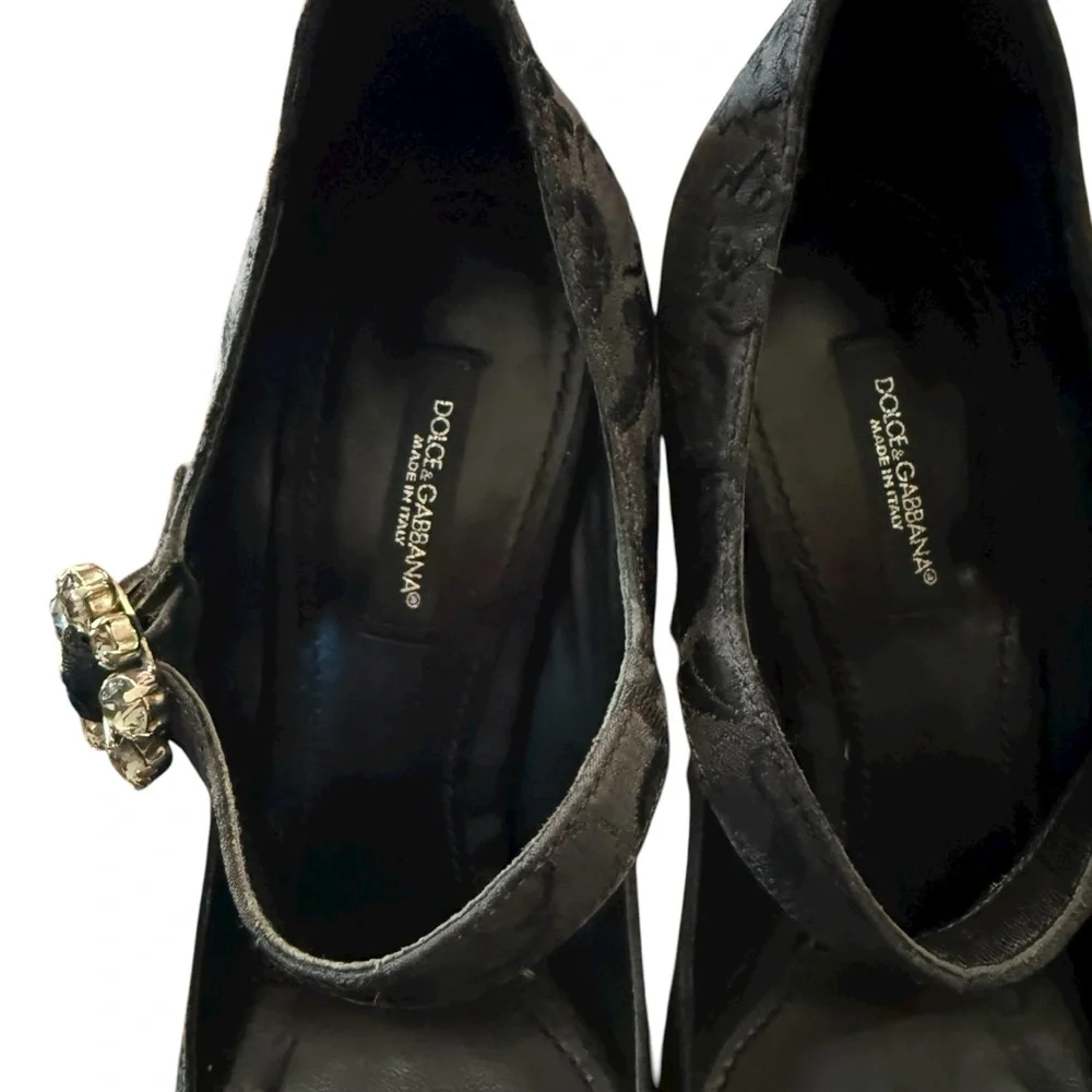 Dolce & Gabbana Black Brocade Mary Jane Pumps Crystal Buckle EU 38 US 8